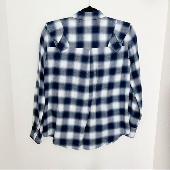 Club Monaco Evira Cotton Plaid Flannel Ruffle Button Down Shirt - Picture 3 of 9